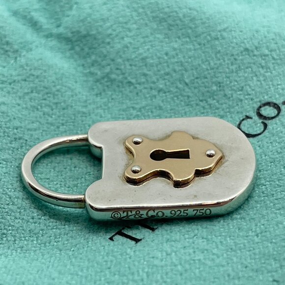 Tiffany & Co Silver & 18K Rose Gold Mini Hammered Oval Lock Key Charm Pendant - Picture 10 of 12